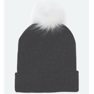 Hat Attach Black White Shimmer Pom Beanie One Size